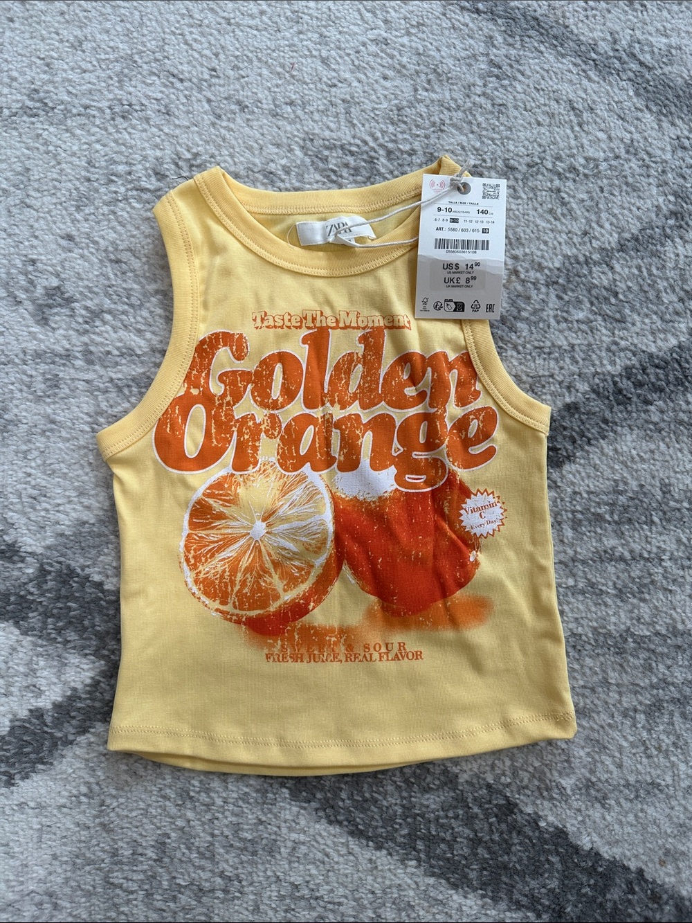 Zara Kids Yellow Tank Top with Orange 'Golden Orange' Graphic